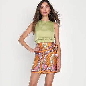 Lulus Luxe Essence Orange Baroque Print Satin Wrap Miniskirt! NWT, read closely!